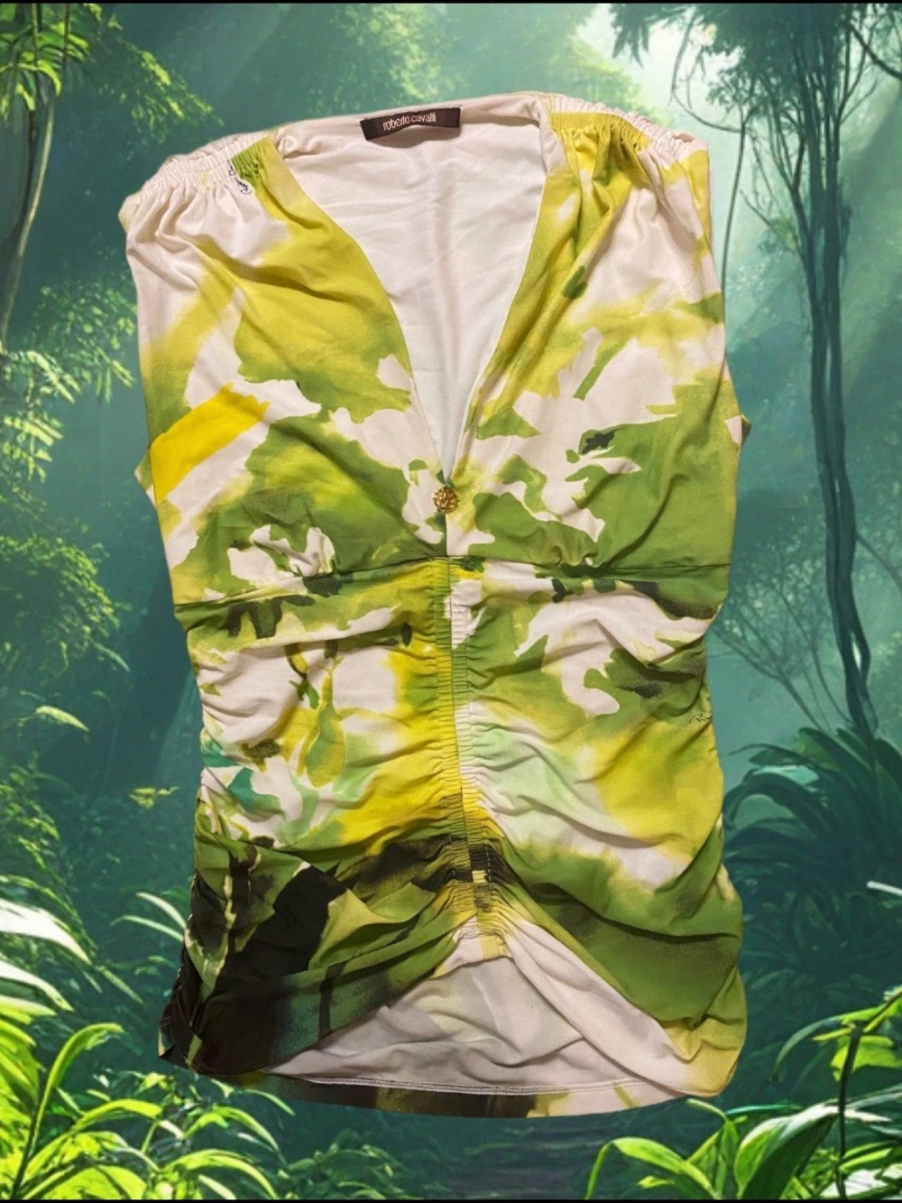 Y2k 2000s Roberto Cavalli Floral Print Watercolor Green Sleeveless Top Blouse
